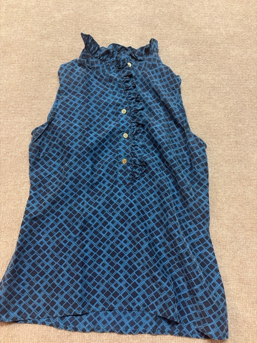 Tory Burch Silk Sleeveless Ruffle Blouse Blue Geometric Print Size 2 0871